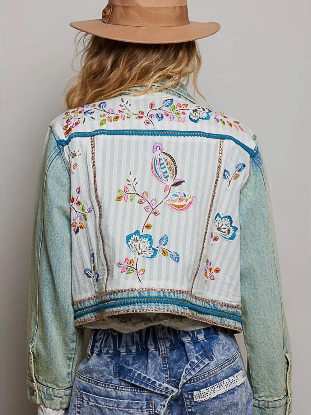 POL denim beaded sequin boho western tapestry patchwork floral jean jacket coat - Picture 5 of 5